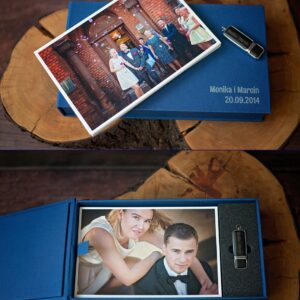 Pudełko i fotoalbum ze zdjęciami ślubnymi